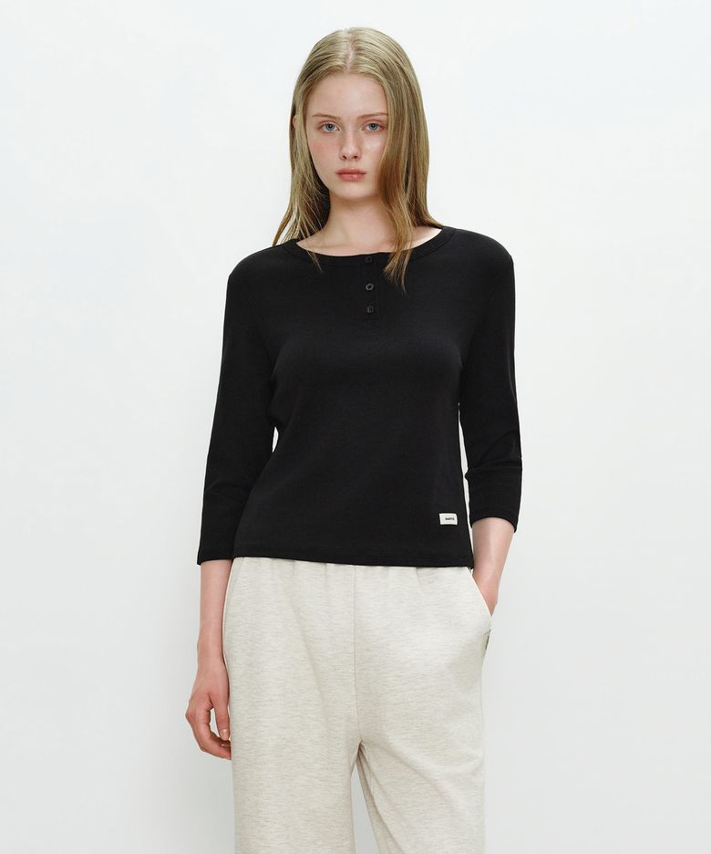 W BASIC HENLEY NECK 3/4 SLEEVE black