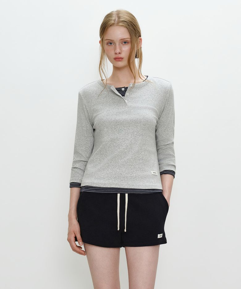 W BASIC HENLEY NECK 3/4 SLEEVE heather gray