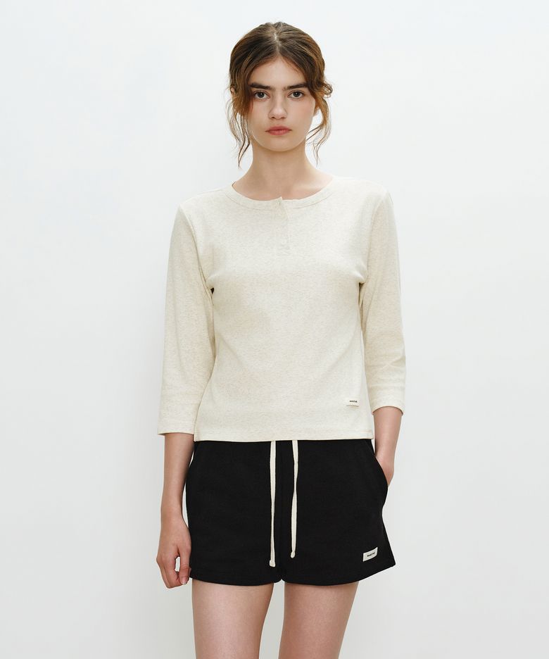 W BASIC HENLEY NECK 3/4 SLEEVE oatmeal