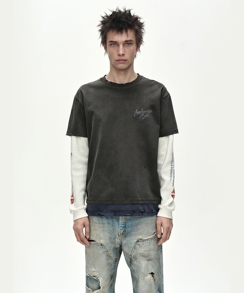 DISTRESS LAYERED LONG SLEEVE T-SHIRT (CHARCOAL)