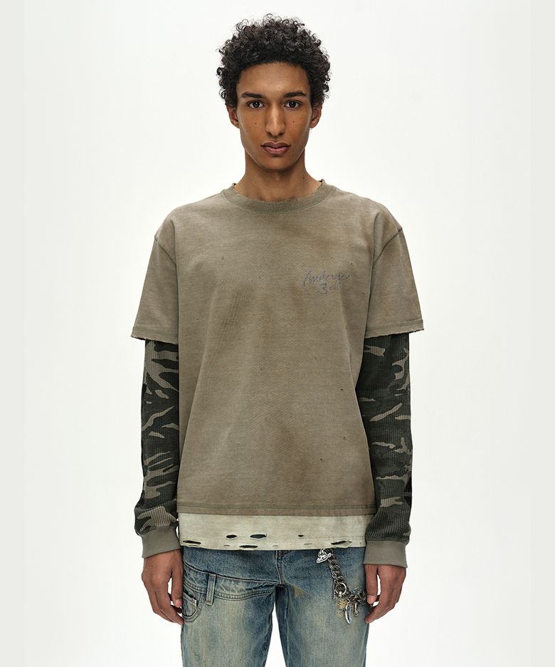 DISTRESS LAYERED LONG SLEEVE T-SHIRT (BEIGE)