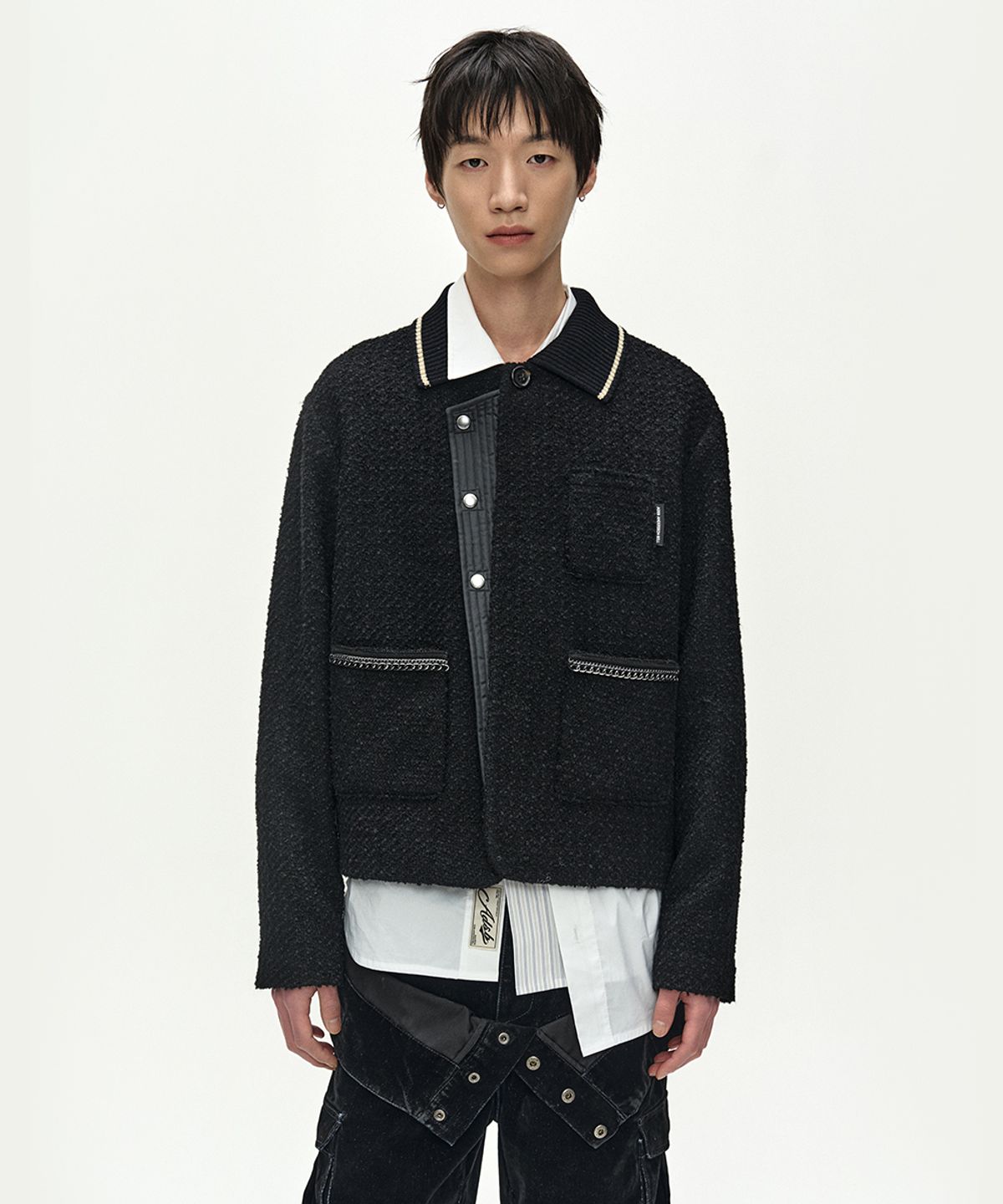 앤더슨벨(ADSB ANDERSSON BELL) KNIT COLLAR TWEED CARDIGAN (BLACK)