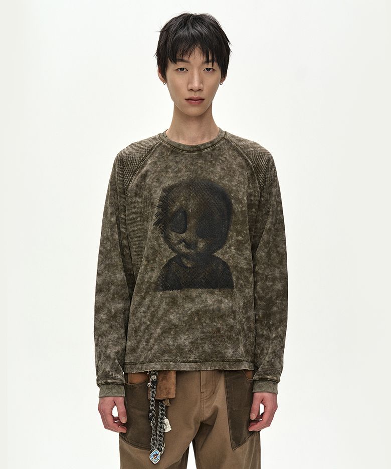 UNISEX ALIEN MACHINERY WAFFLE LONG SLEEVE T-SHIRT (WASHED KHAKI)