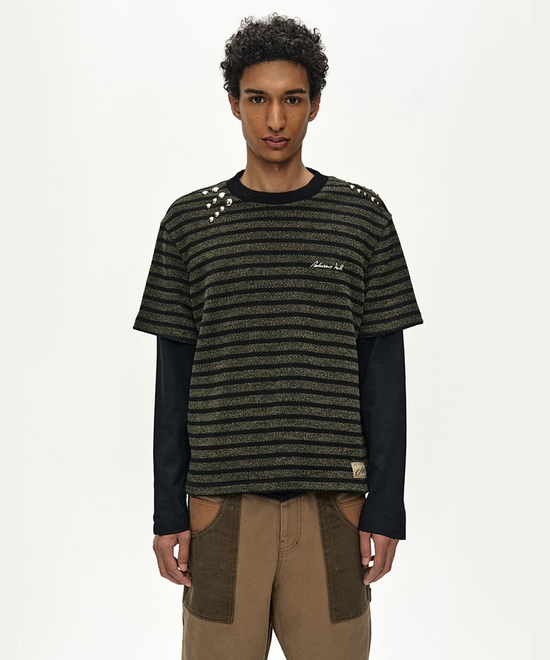 UNISEX STUDDED STRIPE LAYERED SWEATER (BLACK)