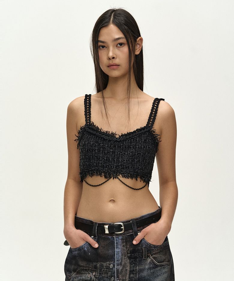RAW CHAIN-EDGE TWEED BRALETTE (BLACK)