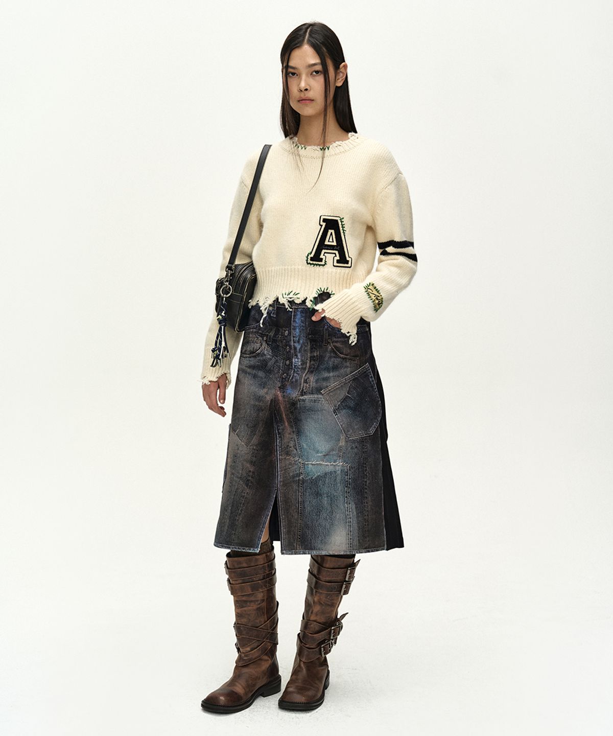 앤더슨벨(ADSB ANDERSSON BELL) ILLUSION PATCHWORK TROMPE LOEIL PLEATED SKIRT (BLUE/BLACK)
