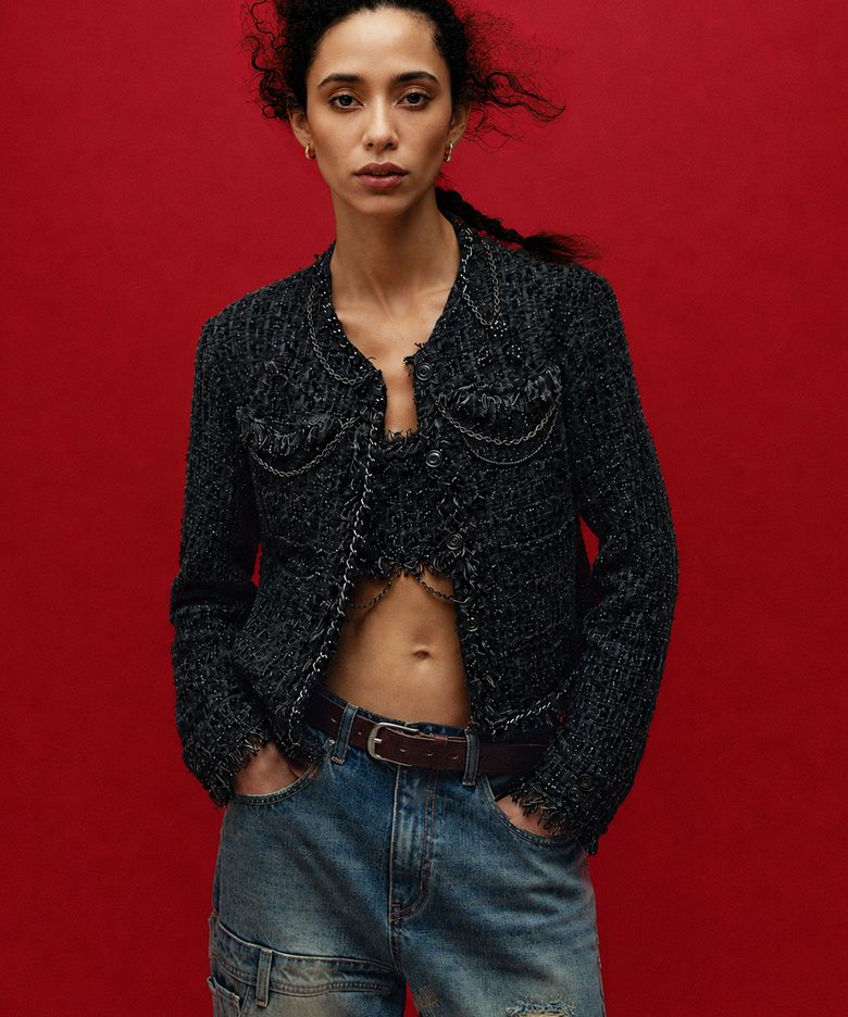 RAW CHAIN-EDGE TWEED JACKET (BLACK)
