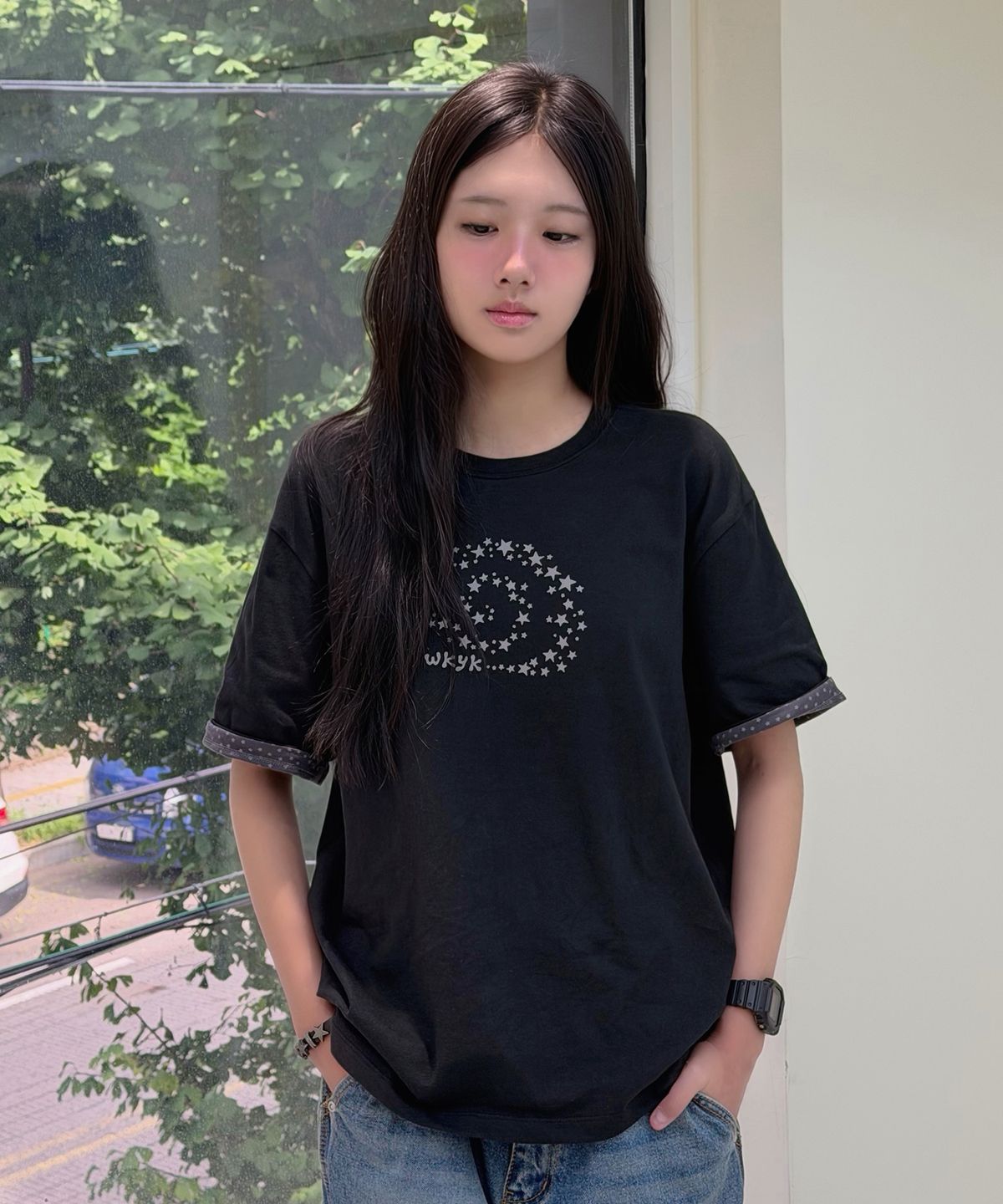 와이케이(WAIKEI) 스타 스월 레이어드 롤업 반팔티셔츠 블랙