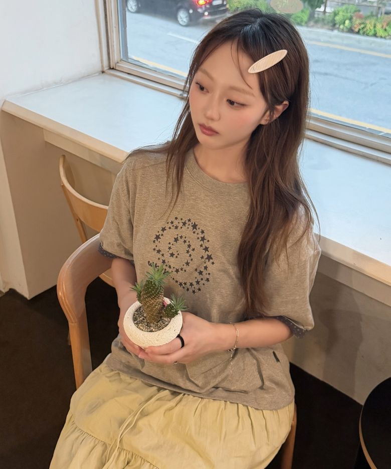 스타 스월 레이어드 롤업 반팔티셔츠 멜란지그레이