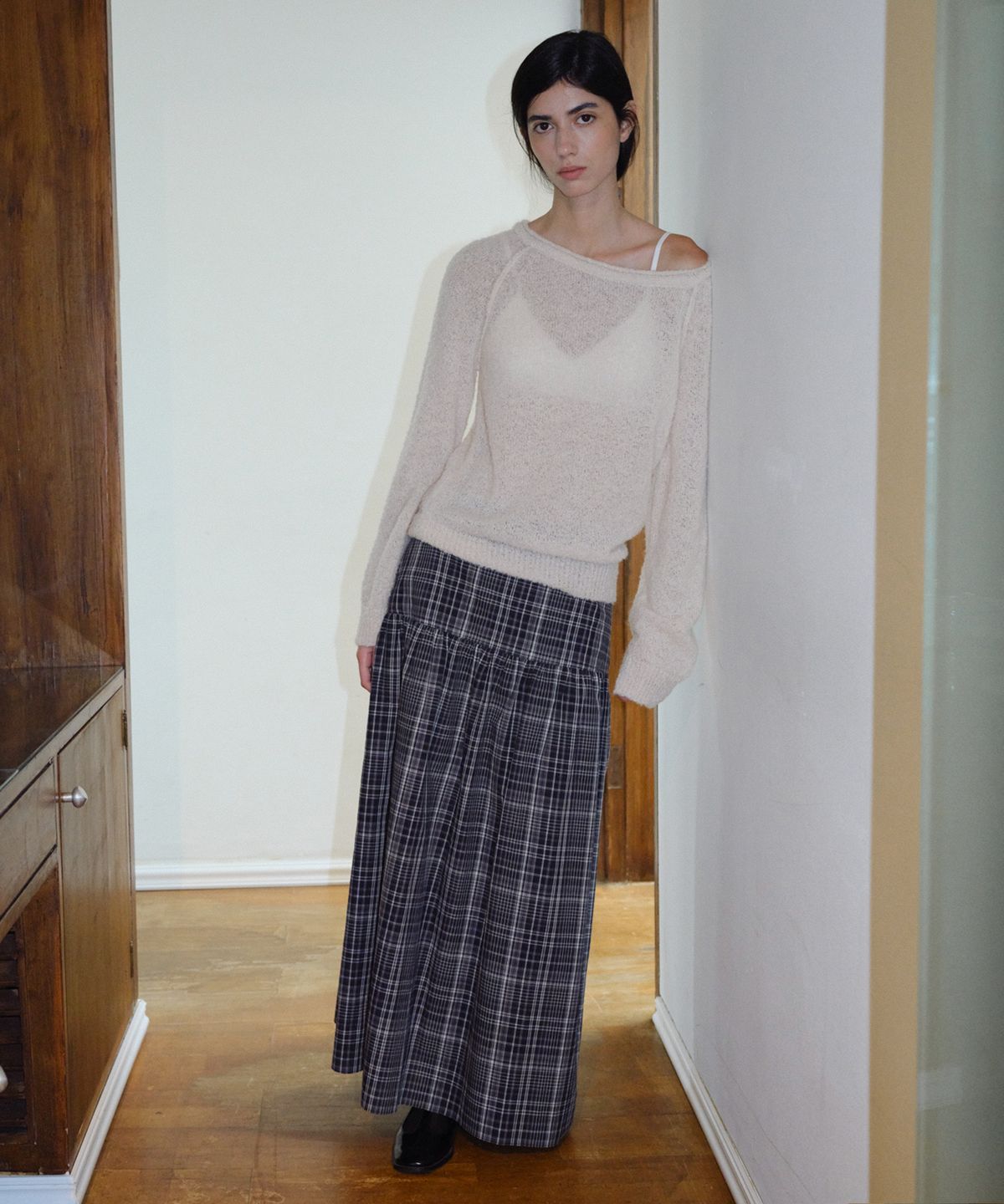 엔오르(EN OR) CHECK YOKE LONG SKIRT - NAVY