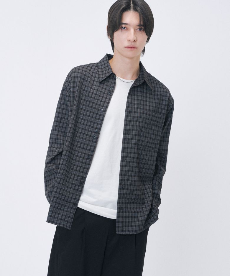 Asymmetric button check shirt BLACK