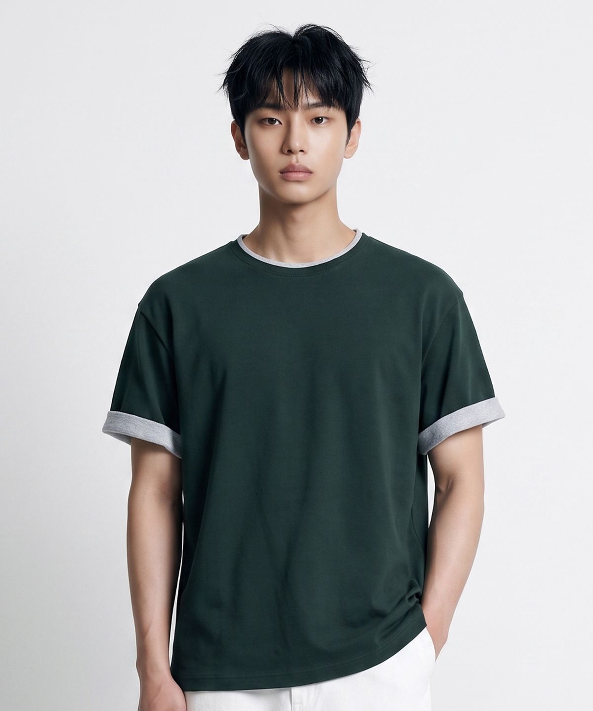 메종니아트(MAISON DE NEART) [남녀공용] 크롭 특양면 이중 넥라인 배색 롤업소매 반팔티셔츠_(5color)