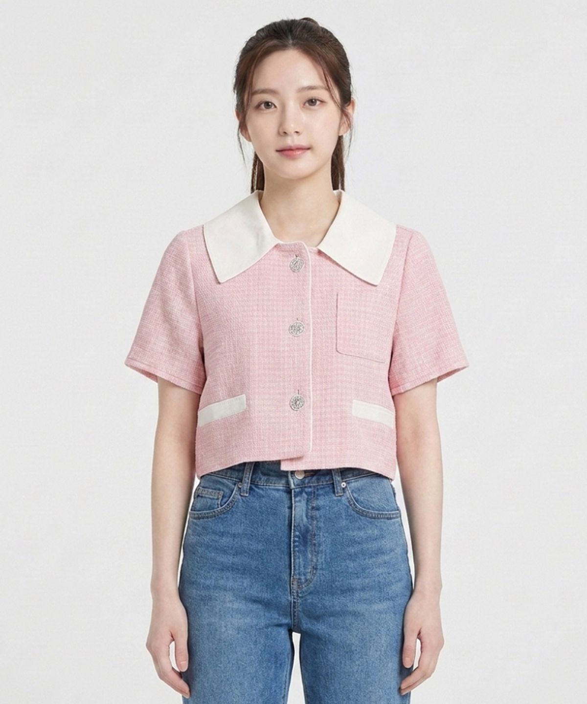 에꼴드파리(ECOLEDEPARIS) 빅카라 배색 반팔 블라우스_RB34WBAM06Z