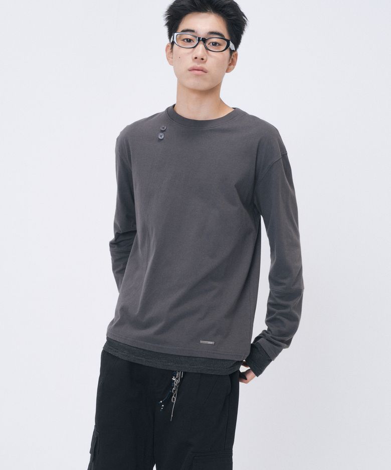 Stripe cuff layered long sleeve CHARCOAL