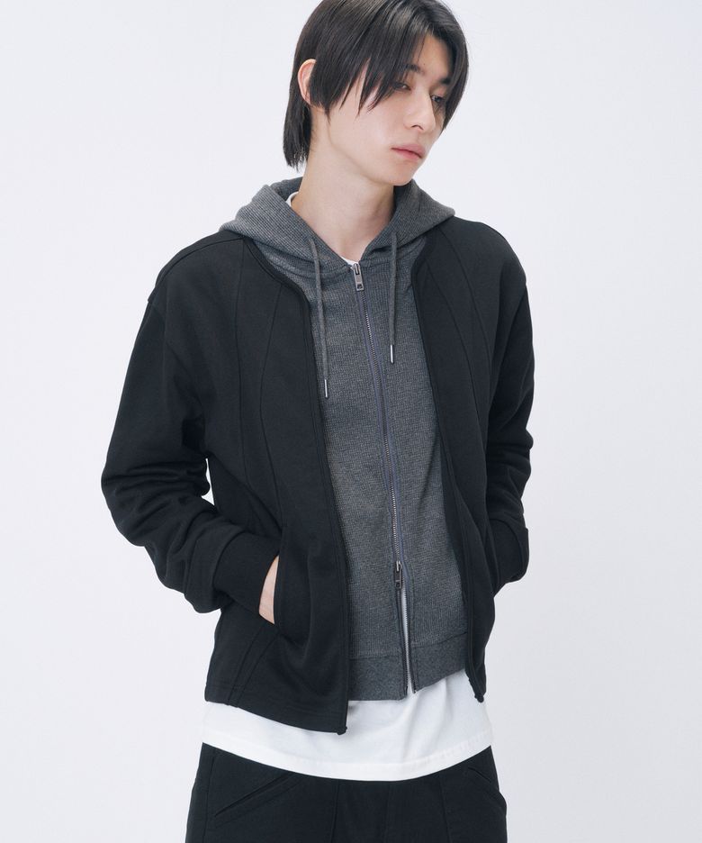Waffle layered two-tone hoodie BLACK
