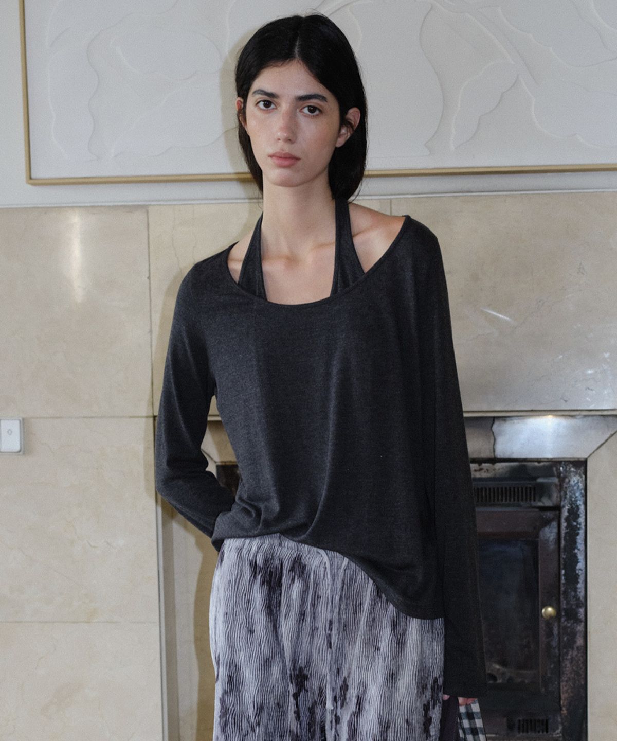 엔오르(EN OR) HALTERNECK LAYERED T-SHIRT - DARK GREY