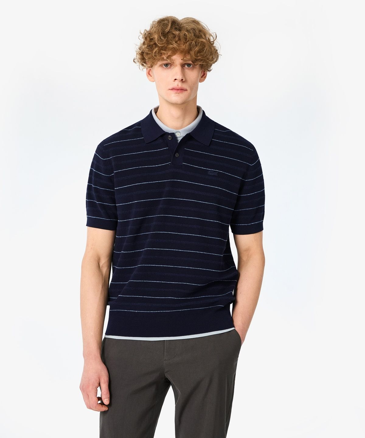 라코스테(LACOSTE) 남성 핀 스트라이프 부클 믹스 반팔 스웨터 폴로 셔츠 PH289E-56N 166