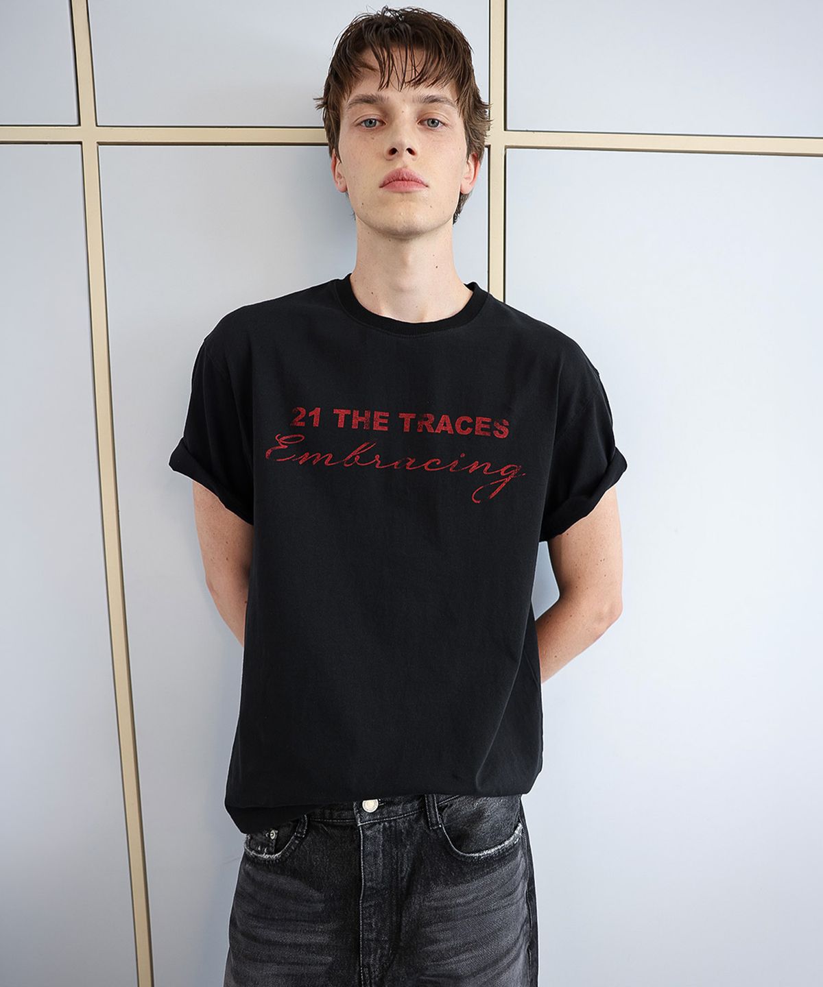 애니타임로릭(ANYTIME LOREAK) TRACE WASHED HALF T-SHIRT - BLACK
