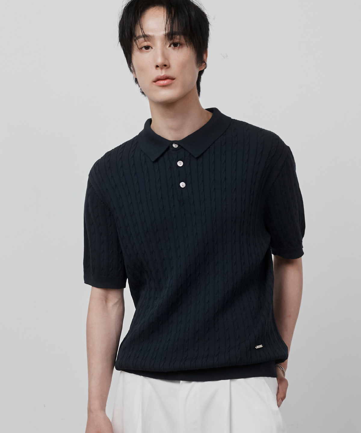 쎄이(CEIII) 스탠다드 케이블 카라 반팔니트 네이비