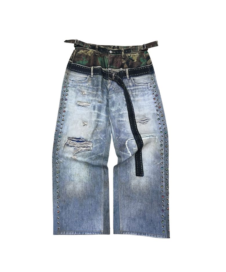 CAMO LAYERED ILLUSION DENIM PANT [BLUE]