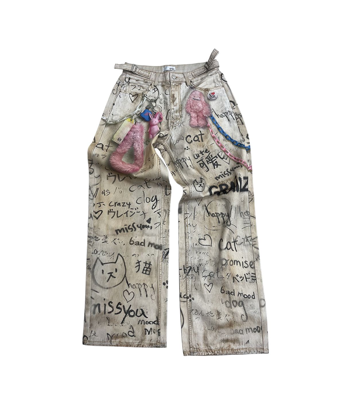 그레일즈(GRAILZ) VINTAGE KEY CHAIN ILLUSION DENIM PANTS [BEIGE]