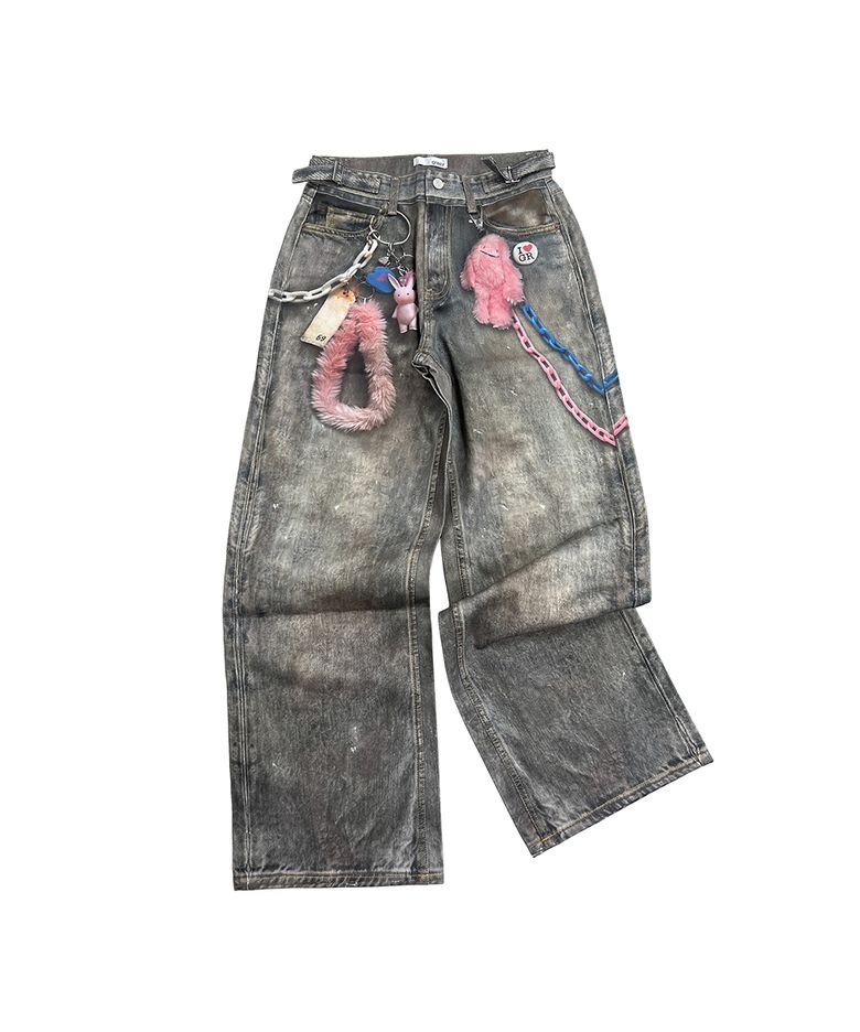 VINTAGE KEY CHAIN ILLUSION DENIM PANTS [BLUE]