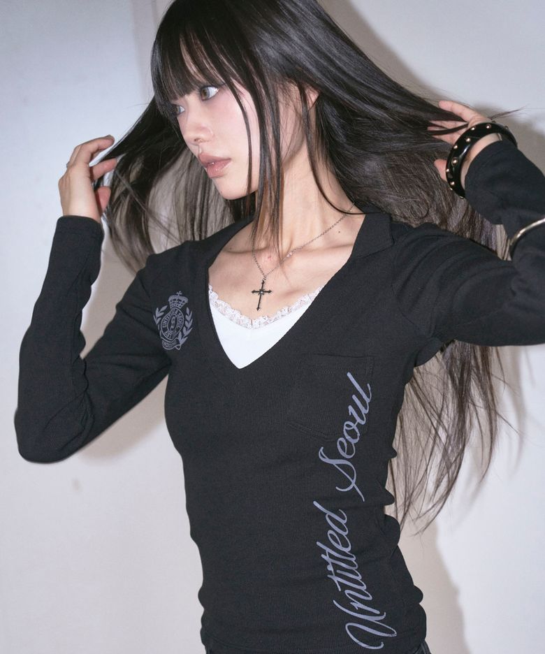언타이틀 레이스 레이어드 폴로 롱슬리브 블랙