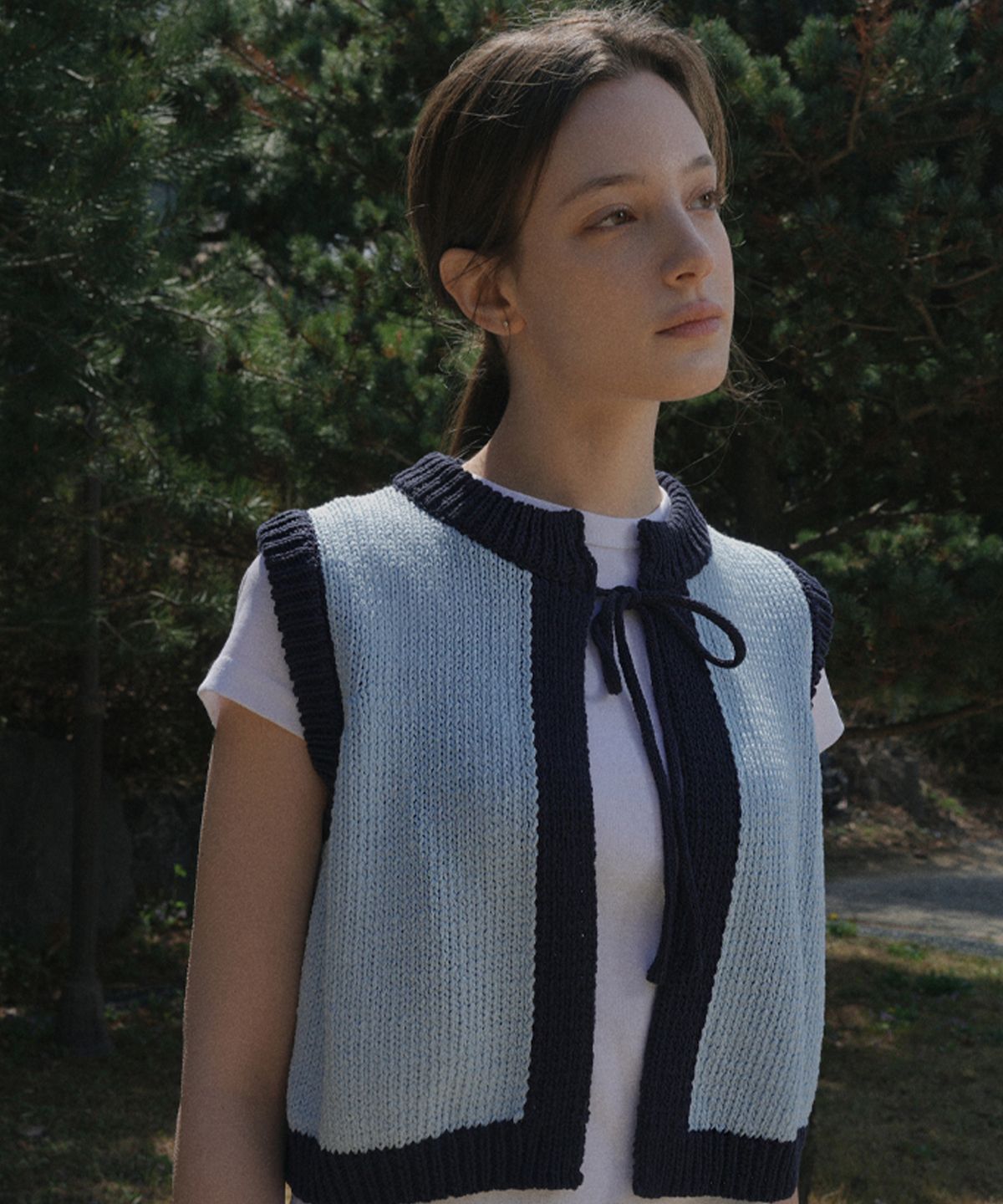 블레티(VLETI) Ribbon Cotton Knit Sleeveless Vest (sky blue)