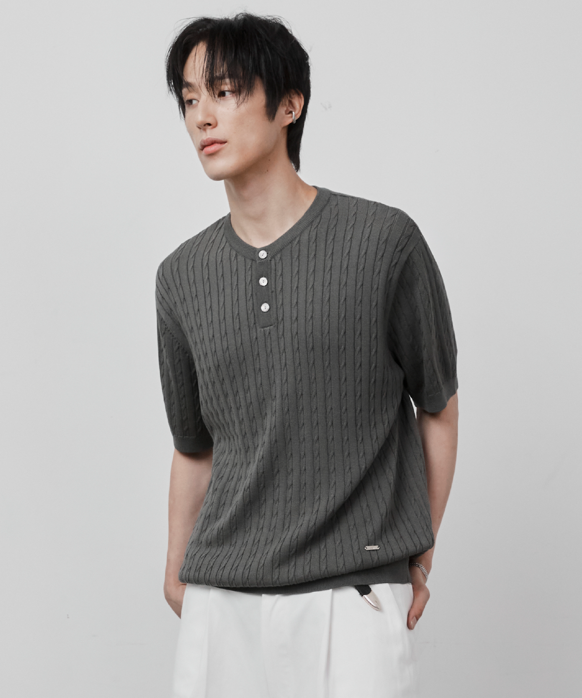 쎄이(CEIII) 스탠다드 케이블 헨리넥 반팔니트 카키