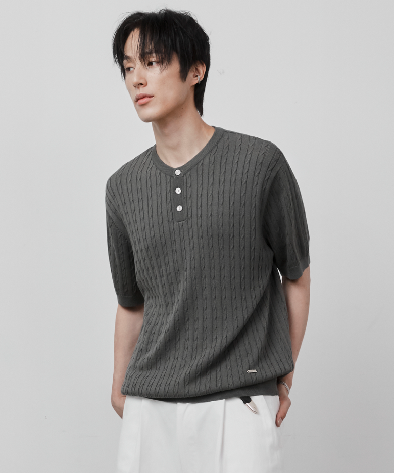 스탠다드 케이블 헨리넥 반팔니트 카키