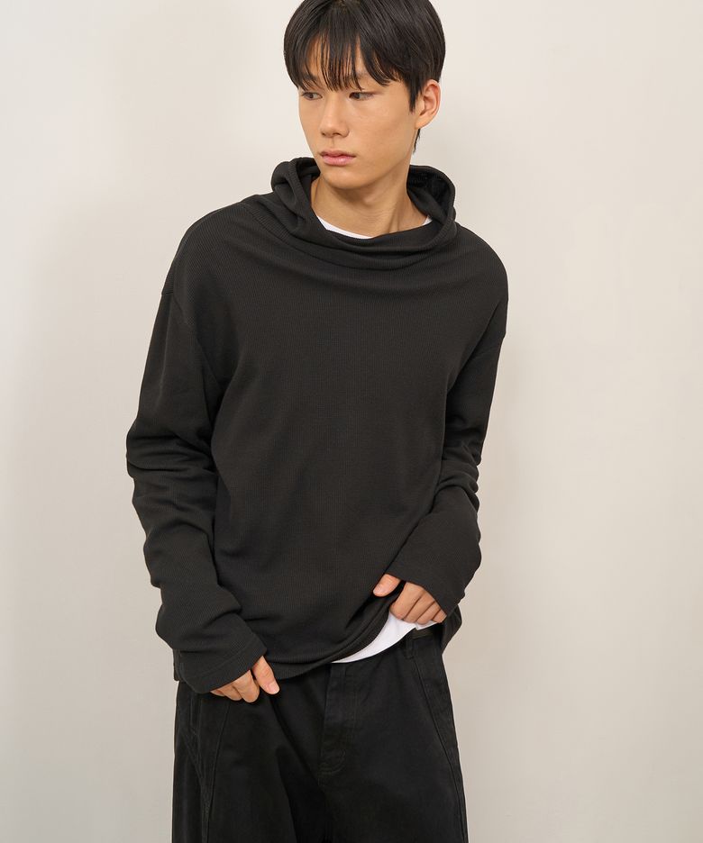 와플 하이넥 후드 롱 슬리브 (BLACK)
