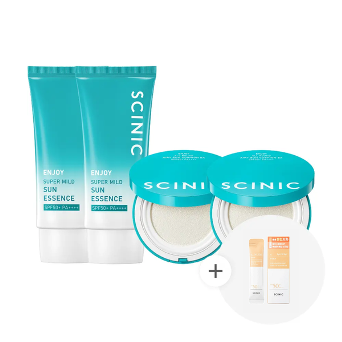 싸이닉(SCINIC) 엔조이 슈퍼 마일드 수분 선에센스 50ml 2개 + 엔조이 에어리 촉촉 빅선쿠션 25g 2개_톤업 선크림 2