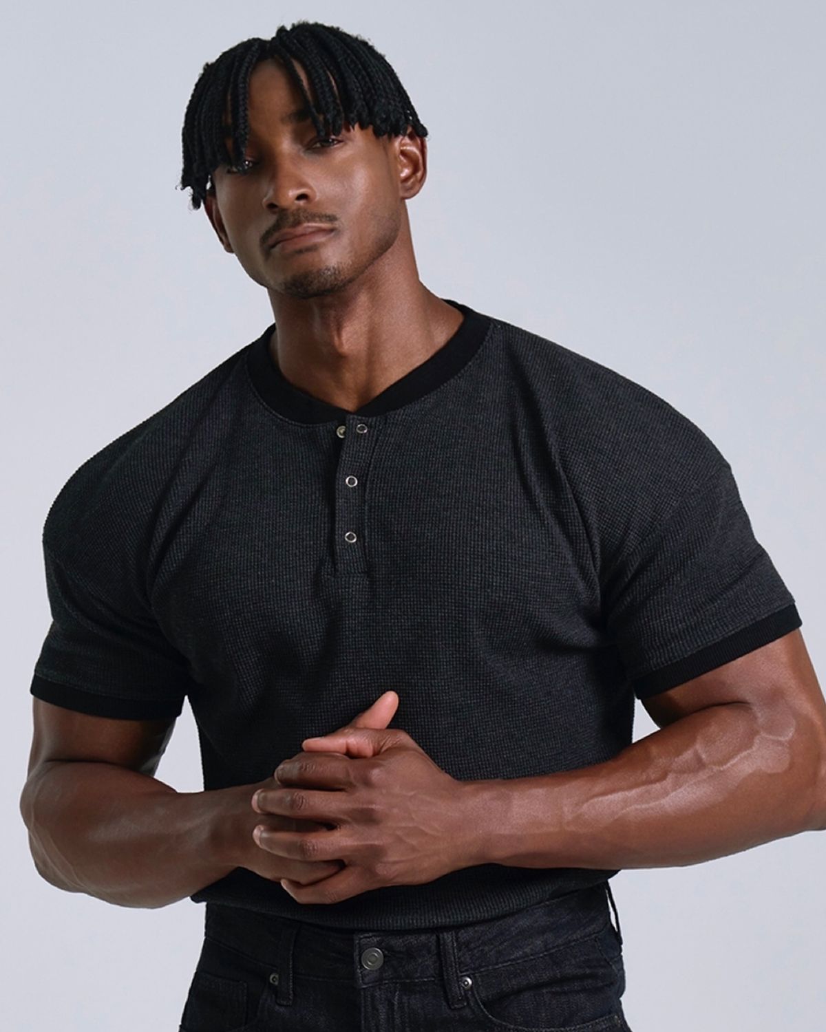 베르만 어패럴(VERMANN APPAREL) 와플 헨리넥 머슬핏 반팔 티셔츠 2color(와이드숄더)