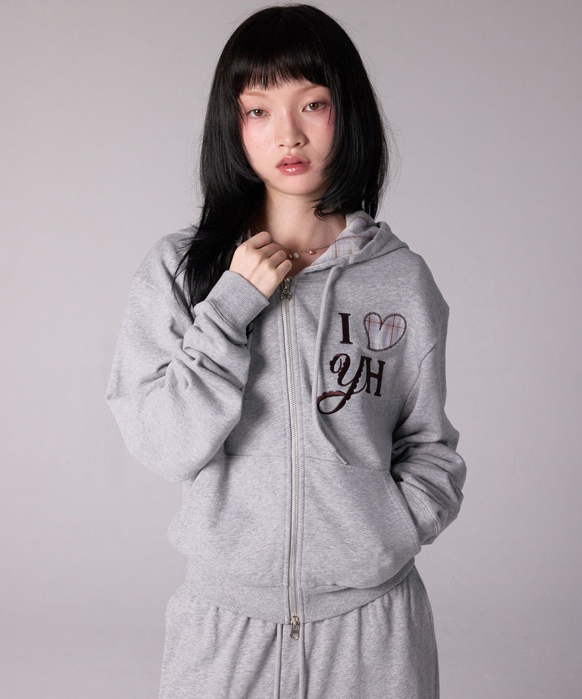 유희(YOUHEE) CHECK YH HOOD ZIP-UP_MELANGE GREY