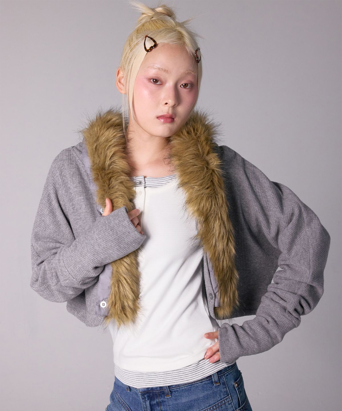 유희(YOUHEE) FUR BOLERO CARDIGAN_MELANGE GREY