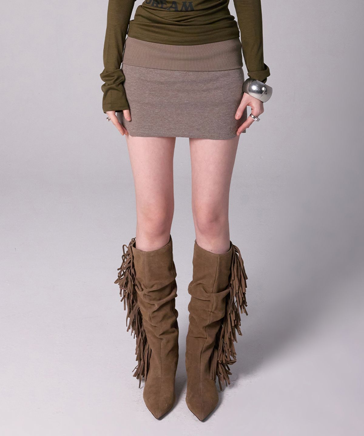 유희(YOUHEE) FOLDED JERSEY MINI SKIRT_BEIGE