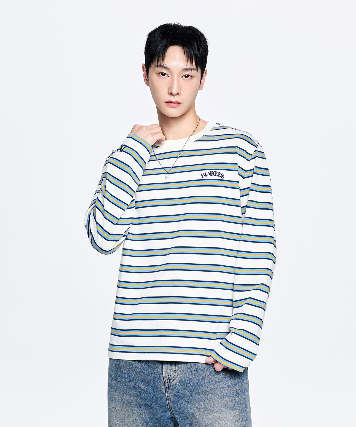 엠엘비(MLB) 스트라이프 세미 오버핏 긴팔 티셔츠 NY (Cream)