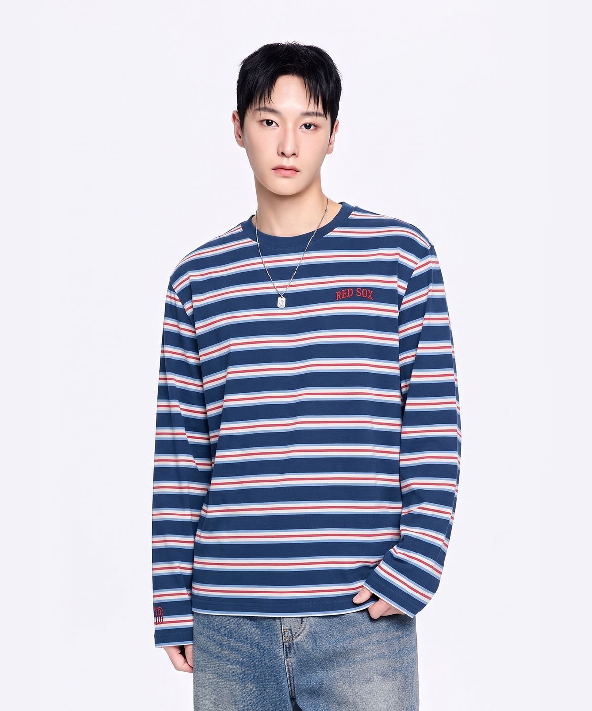 엠엘비(MLB) 스트라이프 세미 오버핏 긴팔 티셔츠 BOS (Mg.Navy)