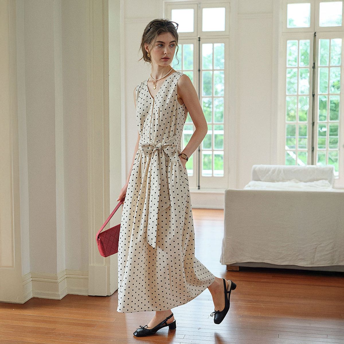 심플레트로(SIMPLE RETRO) SR_Tie-up polka dot dress