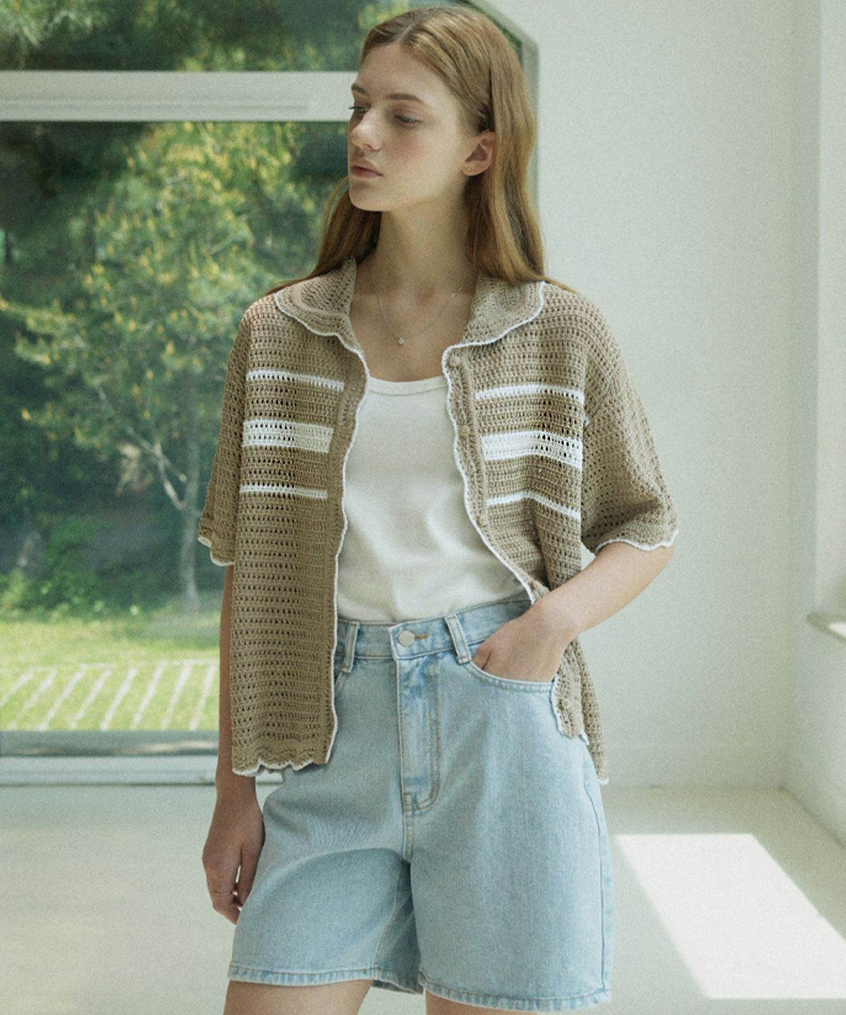 블레티(VLETI) Linen Collar Wave Half Knit Cardigan (beige)