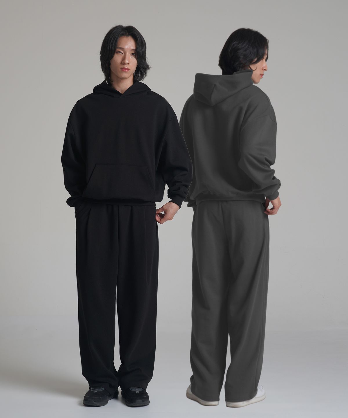 노밍(NOMING) [SET] 루즈핏 크롭 이지 후드티 + 원턱 와이드 스웨트 팬츠 (3COLOR)