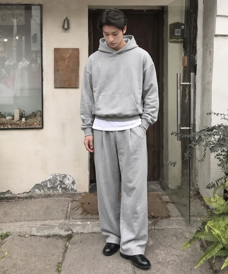 [SET] 루즈핏 크롭 이지 후드티 + 원턱 와이드 스웨트 팬츠 (3COLOR)