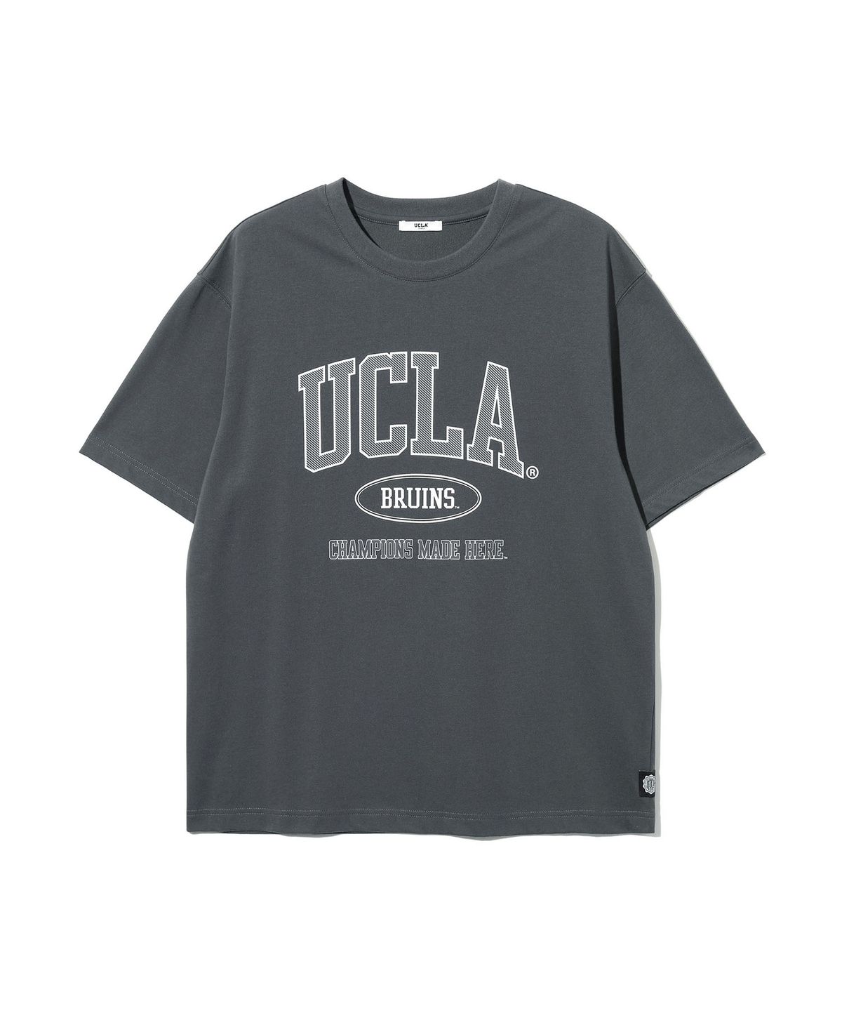 유씨엘에이(UCLA) 남녀공용 UCLA 사선 아치 로고 아트웍 오버핏 반팔 티셔츠[CH-GREY](UC6ST94)