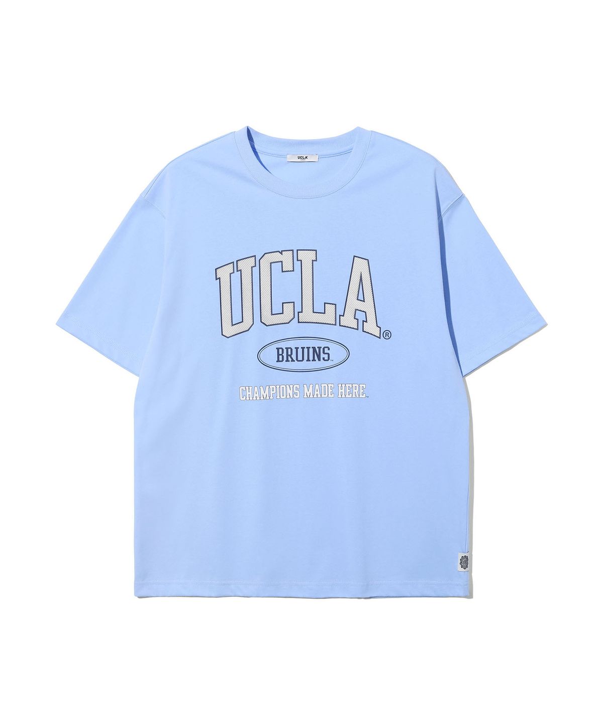 유씨엘에이(UCLA) 남녀공용 UCLA 사선 아치 로고 아트웍 오버핏 반팔 티셔츠[SKY BLUE](UC6ST94)