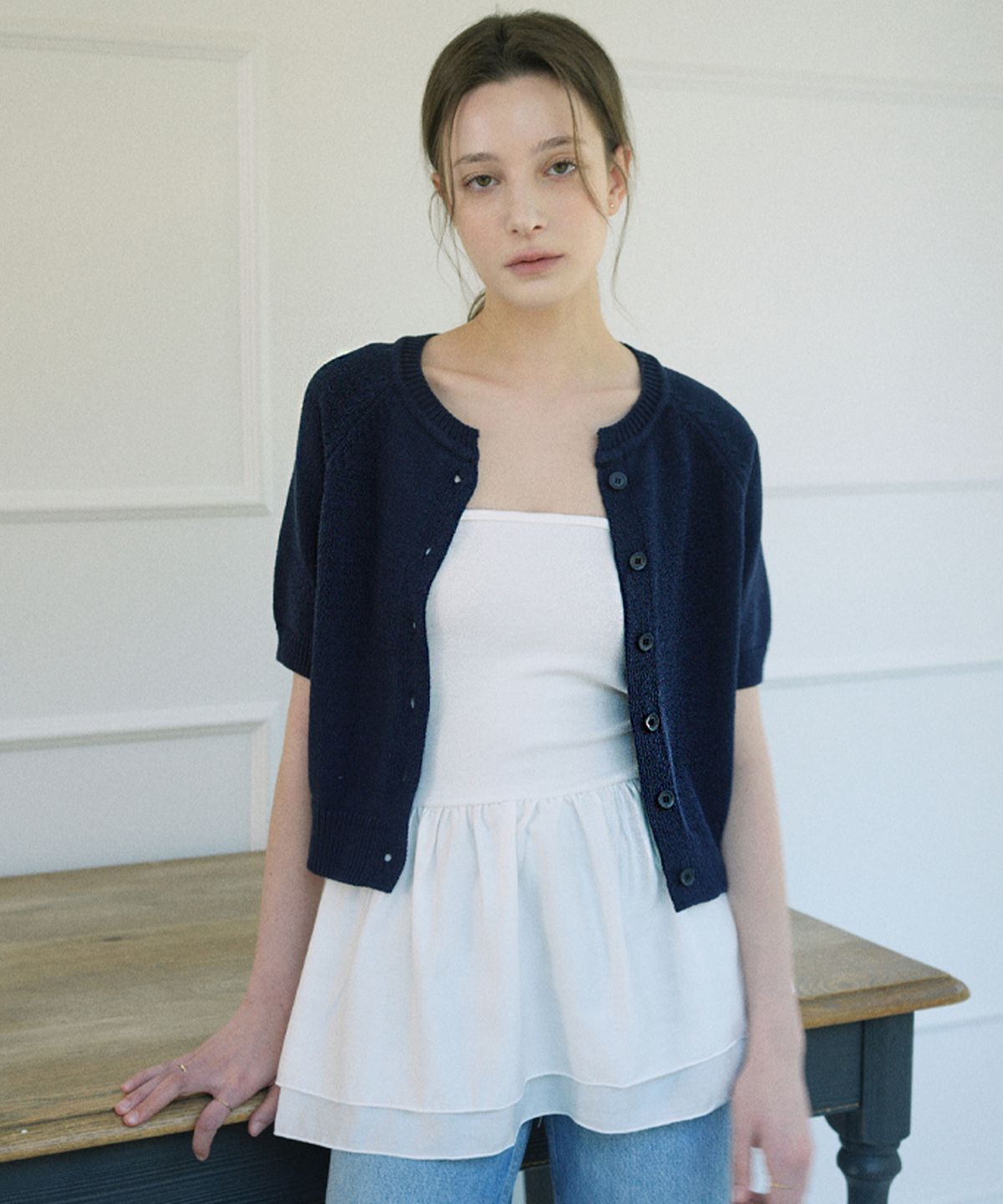 블레티(VLETI) Cotton Half Knit Cardigan (navy)