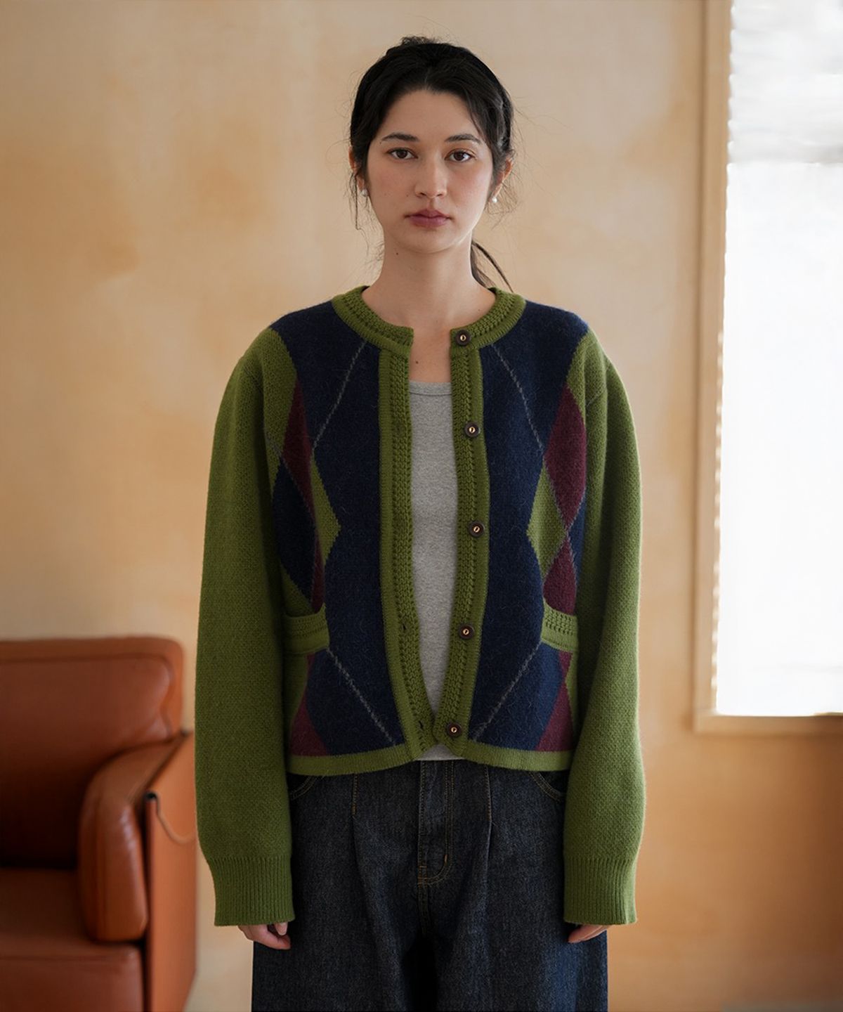 더밀루이(THEMILUI) Big Ben Jacquard Cardigan (Green)