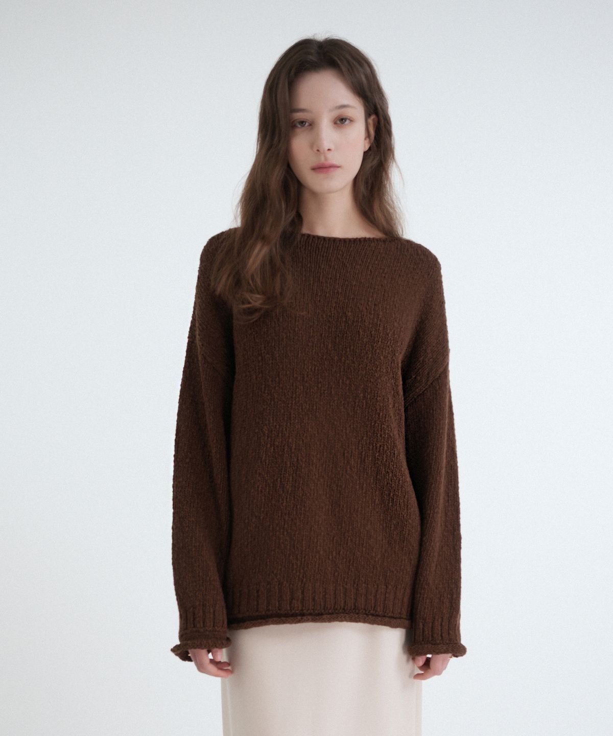 블레티(VLETI) Loose Cotton Boatneck Knit (brown)