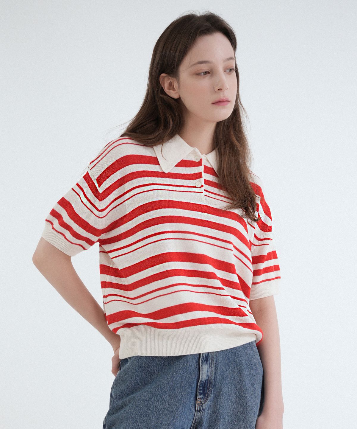 블레티(VLETI) Cotton Stripe Collar Half Knit (red)