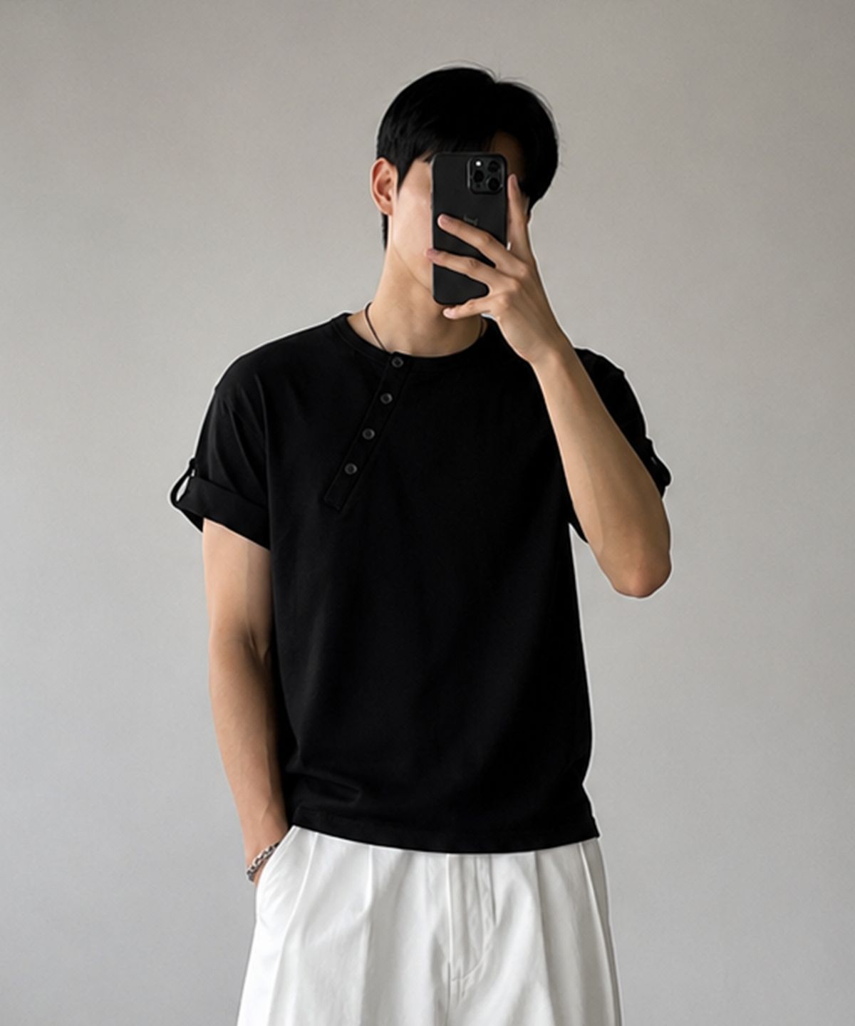 앨빈클로(ALVINCLO) 사선 헨리넥 롤업 반팔티 AST3684 (3COLOR)