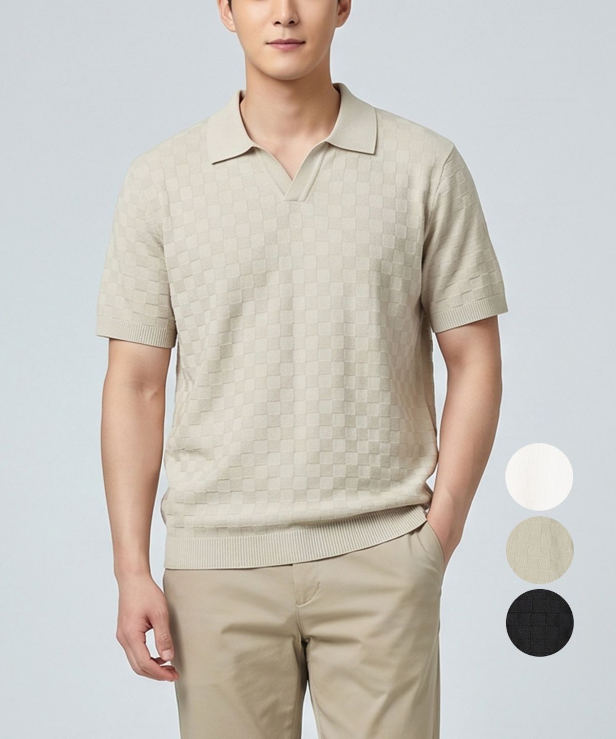 김영주 골프(KIM YOUNG JOO GOLF) 여름 오픈카라넥 체크 남성 니트 티셔츠 KQMMNT57